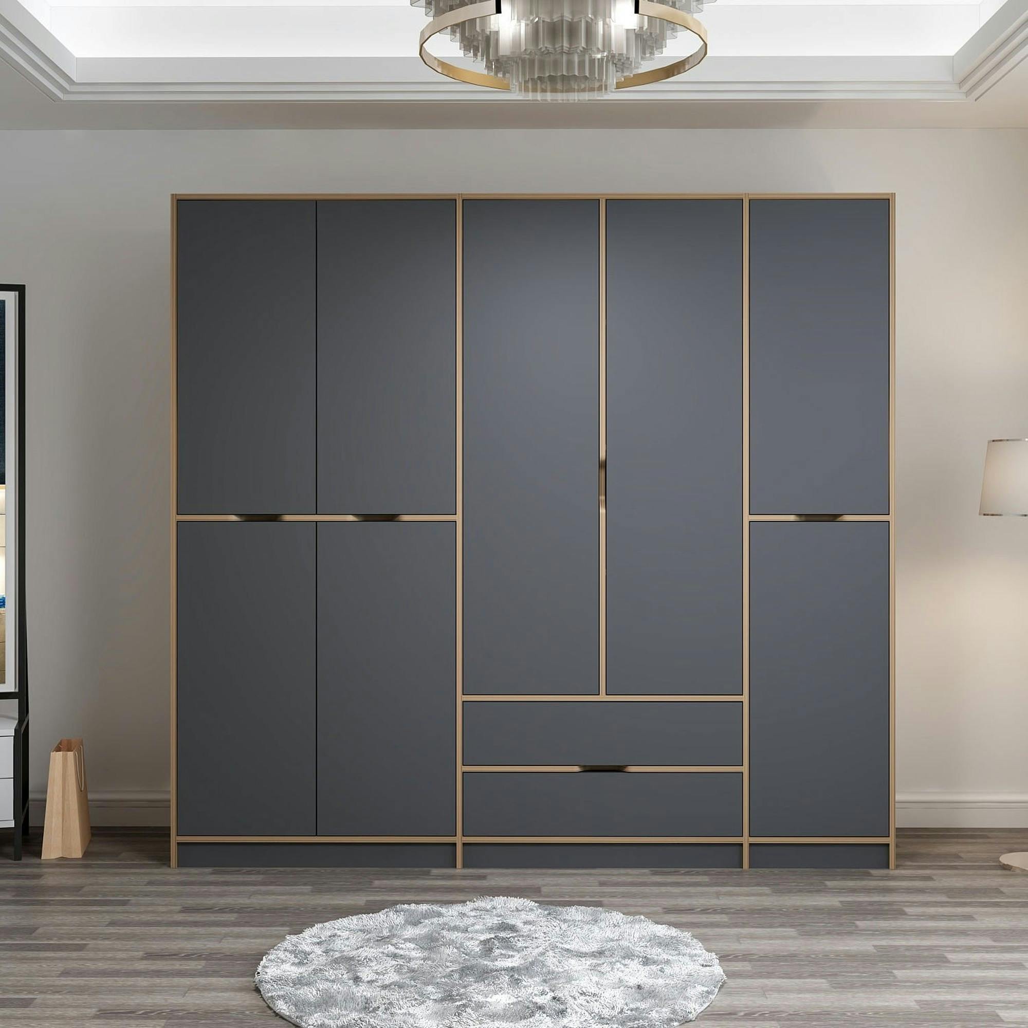 Armoire dressing chambre effet bois, 8 portes grises BYRON