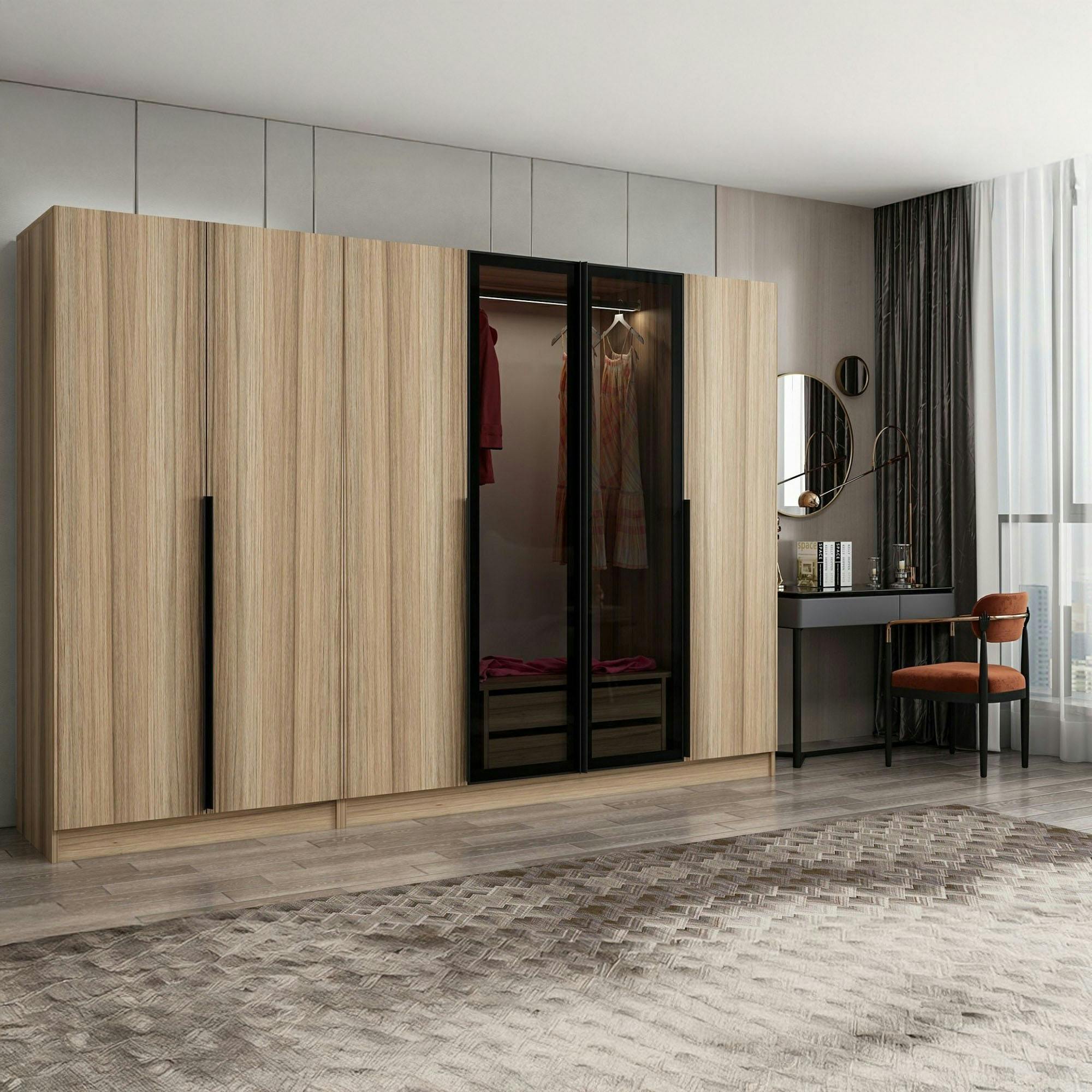 Armoire dressing design effet bois 2 portes verre L 270 cm BYRON