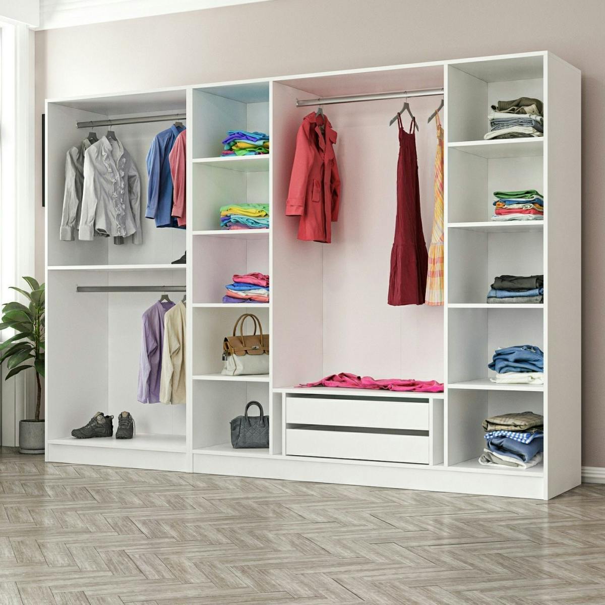 Armoire dressing ouvert blanc, 3 portants BYRON