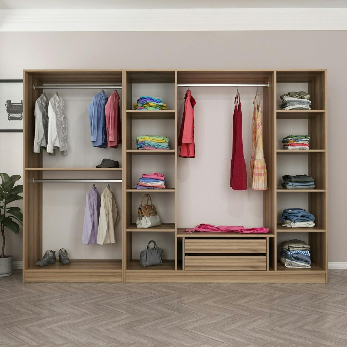 Armoire dressing ouvert effet noyer, 3 portants BYRON