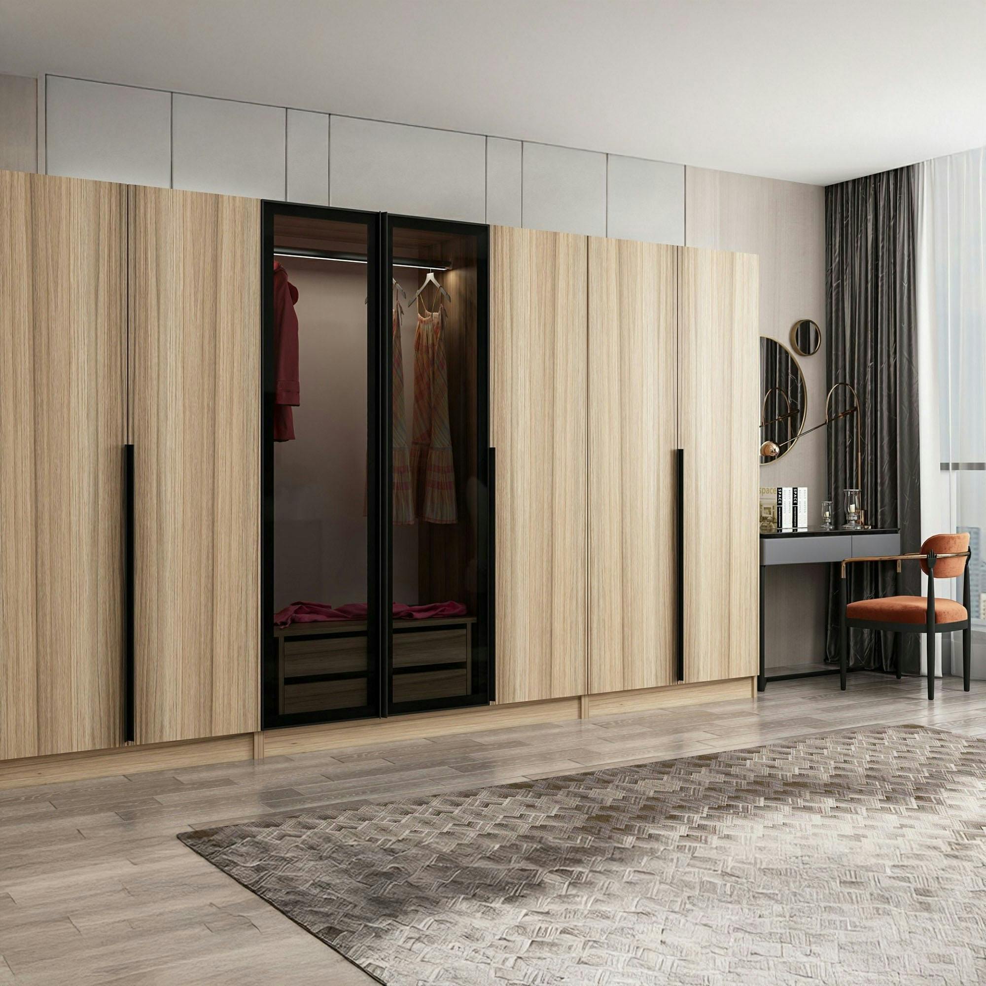 Armoire dressing XXL effet bois - 2 portes verre L.315 cm BYRON