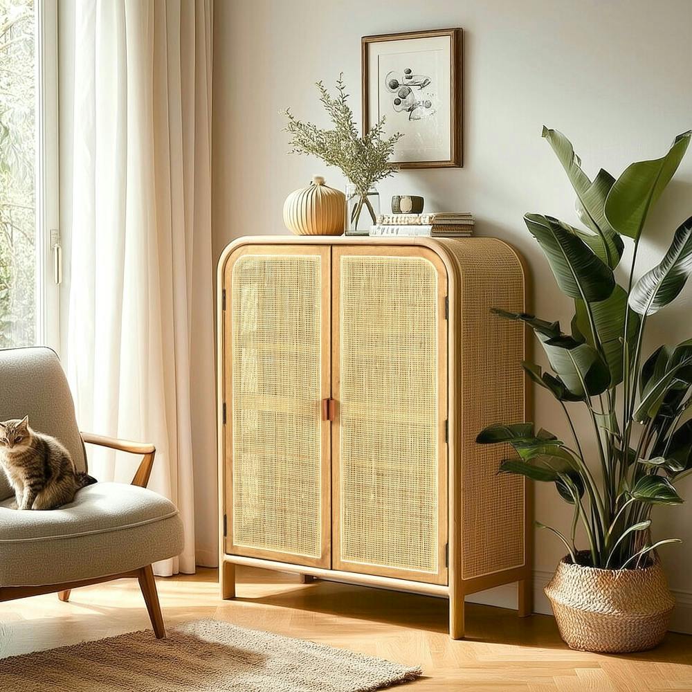 Armoire forme arrondie mindi et rotin naturel 2 portes 3 étagères TIVARO