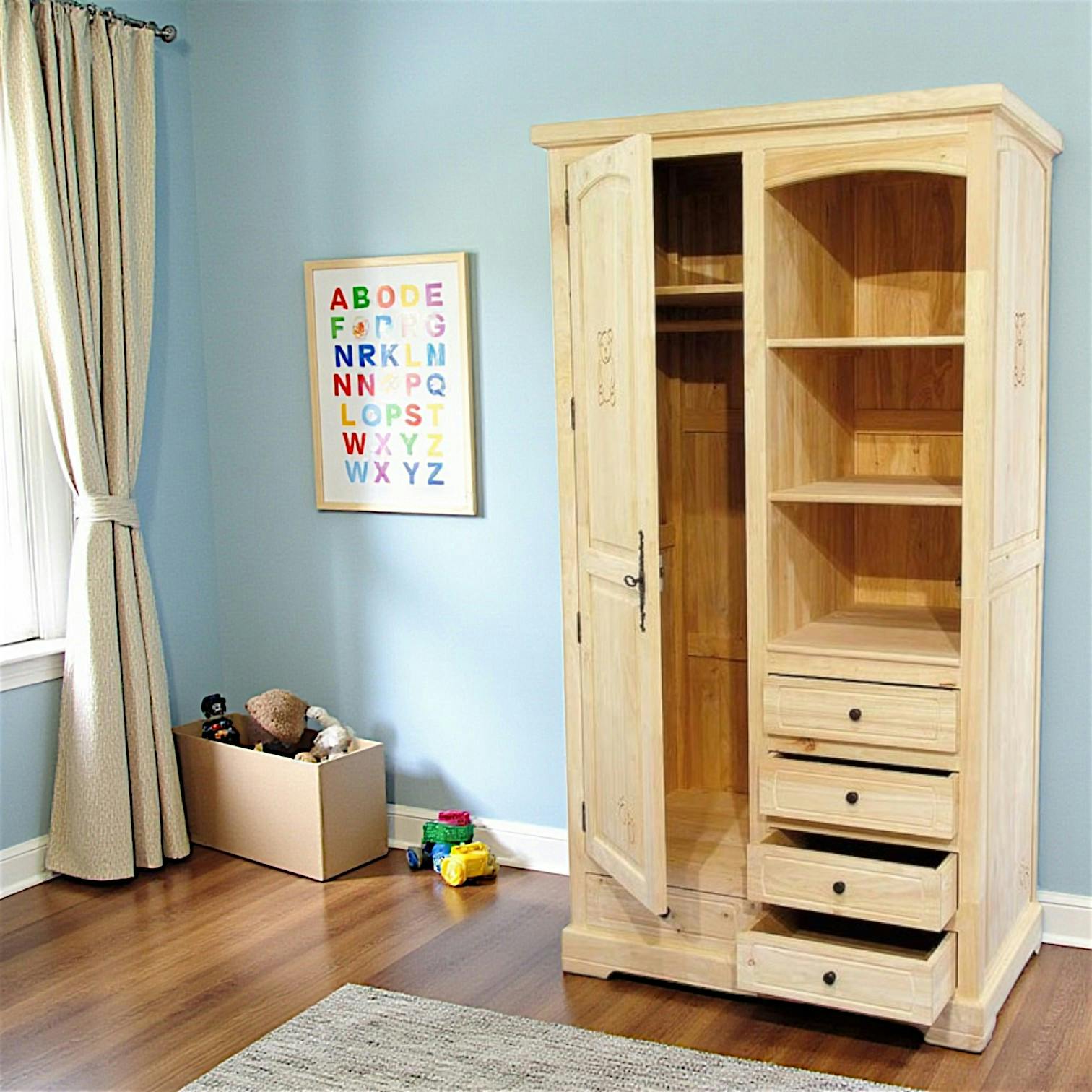 Armoire Hévéa 1 porte, 5 tiroirs, 3 niches 100x56x185cm TRADITION