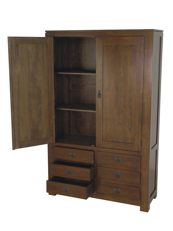 Armoire Hévéa 2 portes, 6 tiroirs 110x43x175cm HELENA