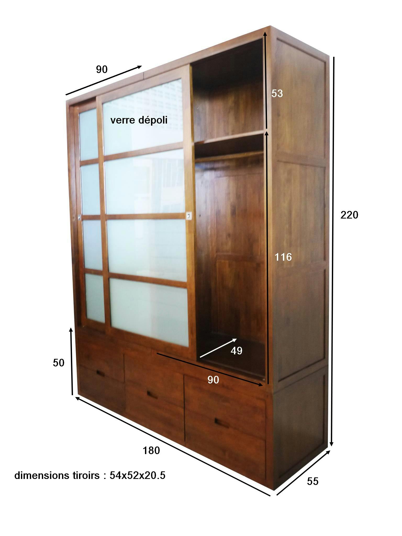 Armoire Hévéa 2 portes coulissantes, 6 tiroirs 55x180x220cm OLGA