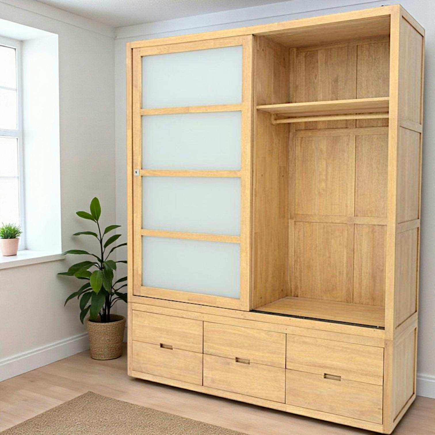 Armoire Hévéa 2 portes coulissantes, 6 tiroirs 55x180x220cm OLGA