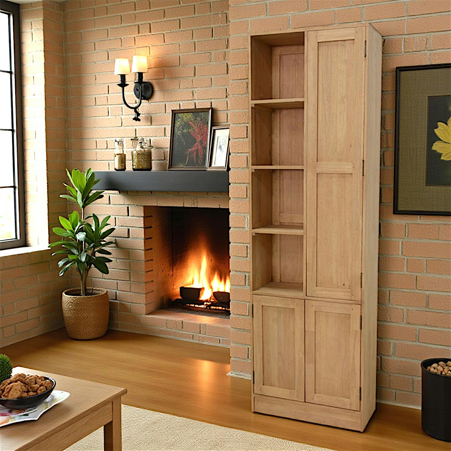 Armoire Hévéa 3 portes, dont 1 grande et 4 niches ouvertes 60x25x190cm TRADITION