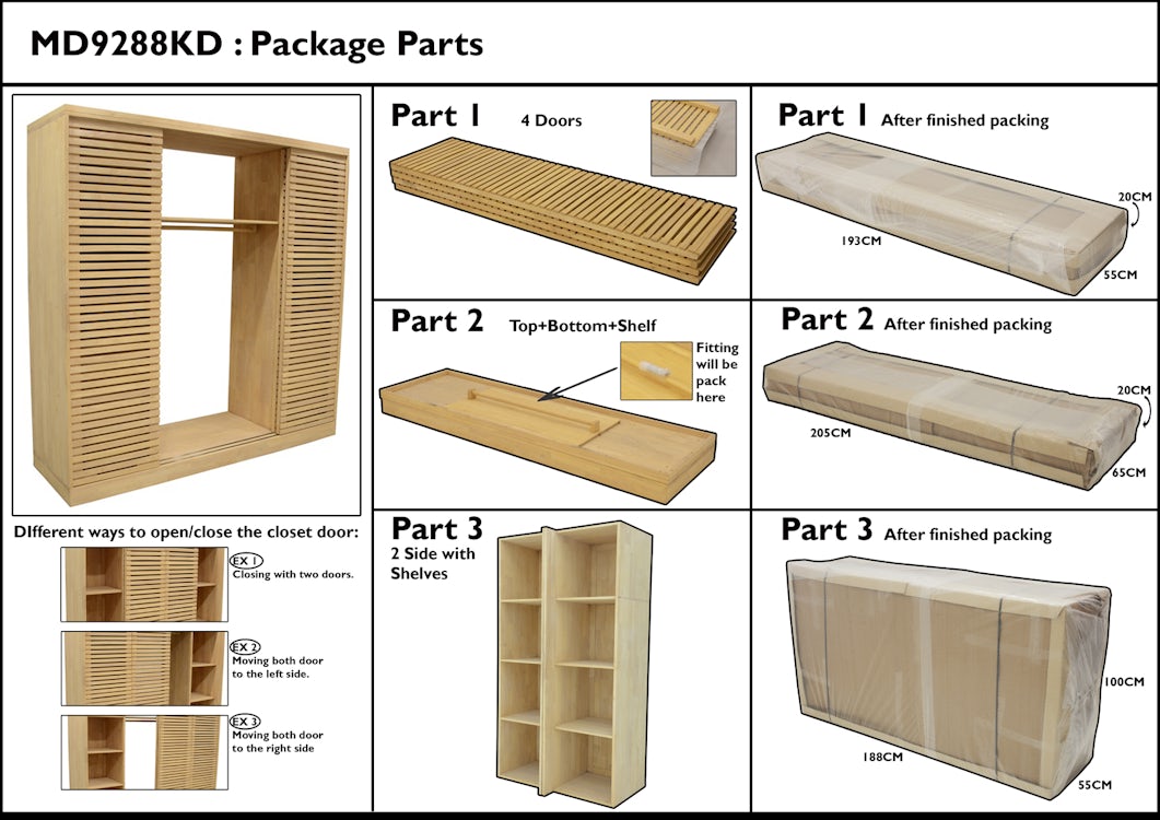 Armoire Hévéa 4 portes coulissantes Persiennes 200x60x200cm NEW ORLEANS