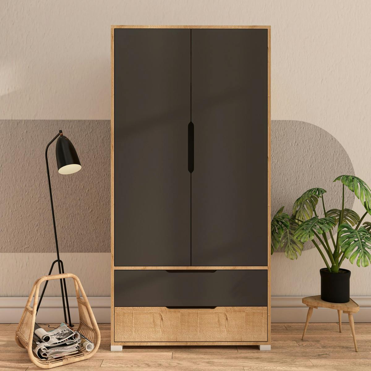 Armoire penderie 2 portes anthracite et effet bois BYRON