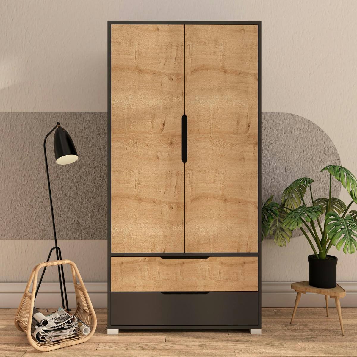 Armoire penderie 2 portes effet bois et anthracite BYRON