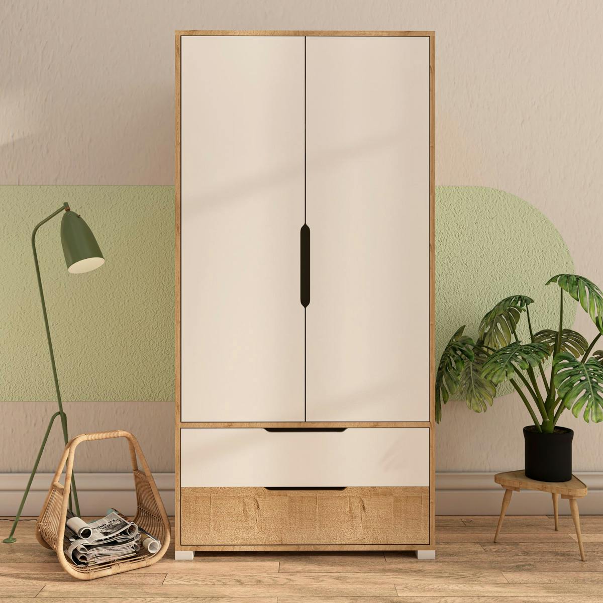 Armoire penderie 2 portes effet bois et blanc BYRON