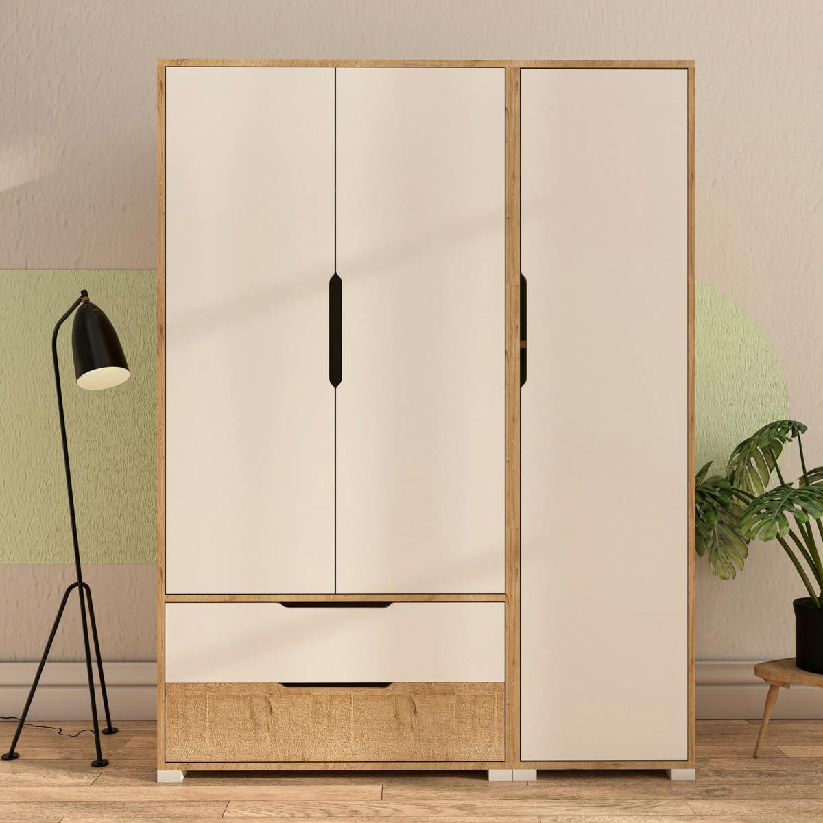Armoire penderie 3 portes, effet bois et blanc BYRON