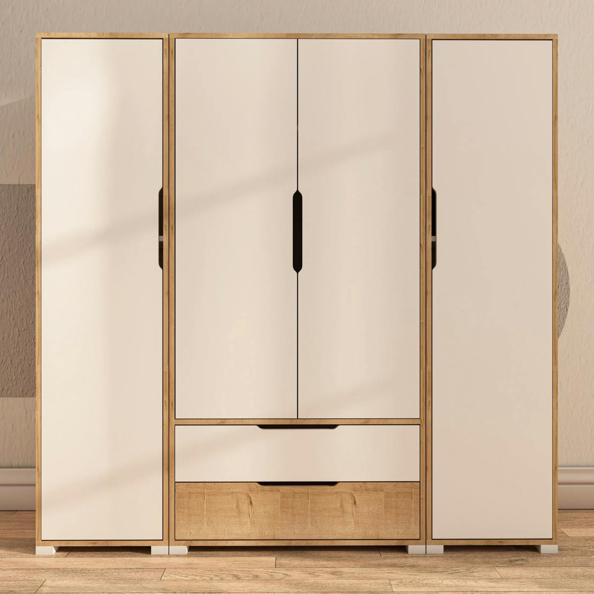 Armoire penderie 4 portes, effet bois et blanc BYRON