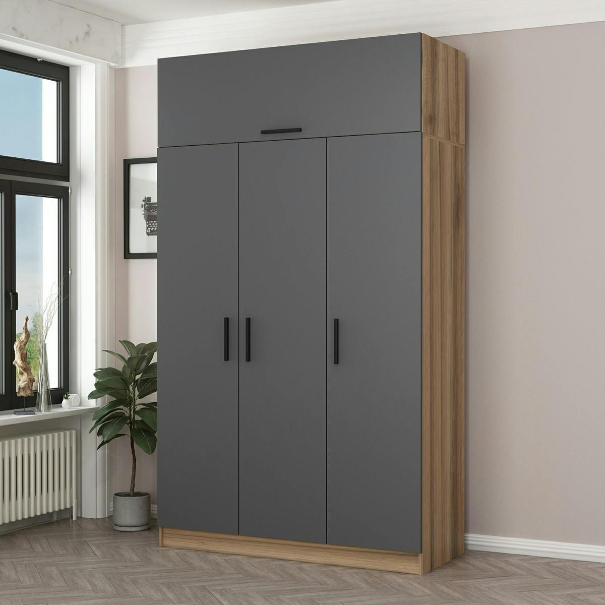 Armoire penderie 4 portes gris & effet bois, 1 tringle BYRON