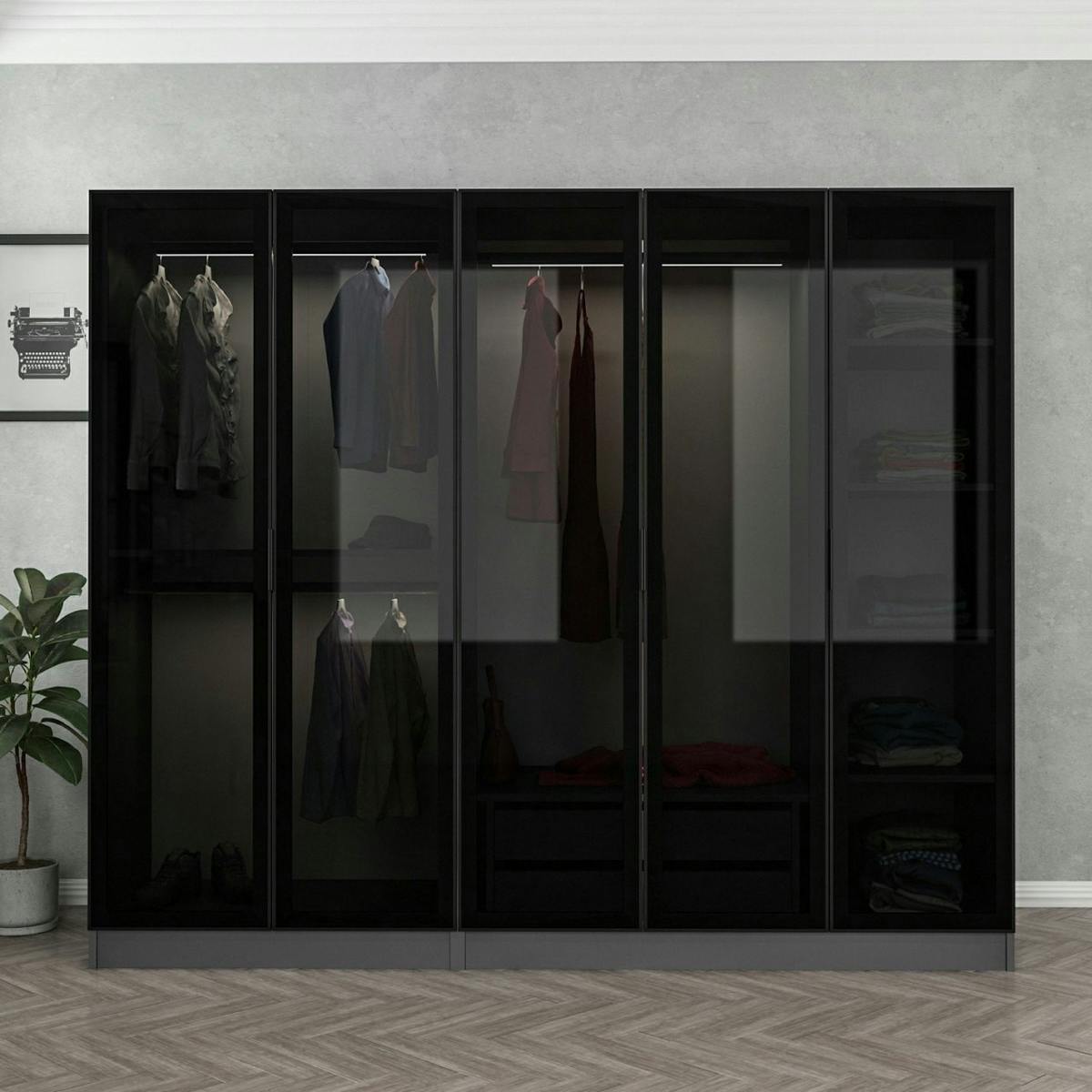 Armoire penderie 5 portes verre et cadre anthracite BYRON