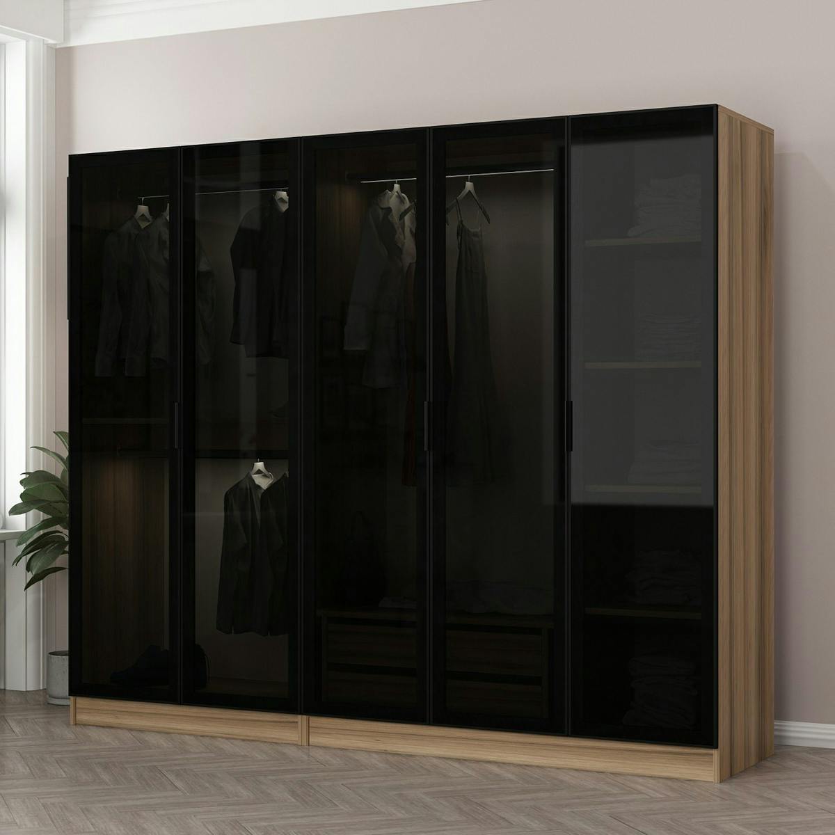 Armoire penderie 5 portes verre et cadre effet noyer BYRON