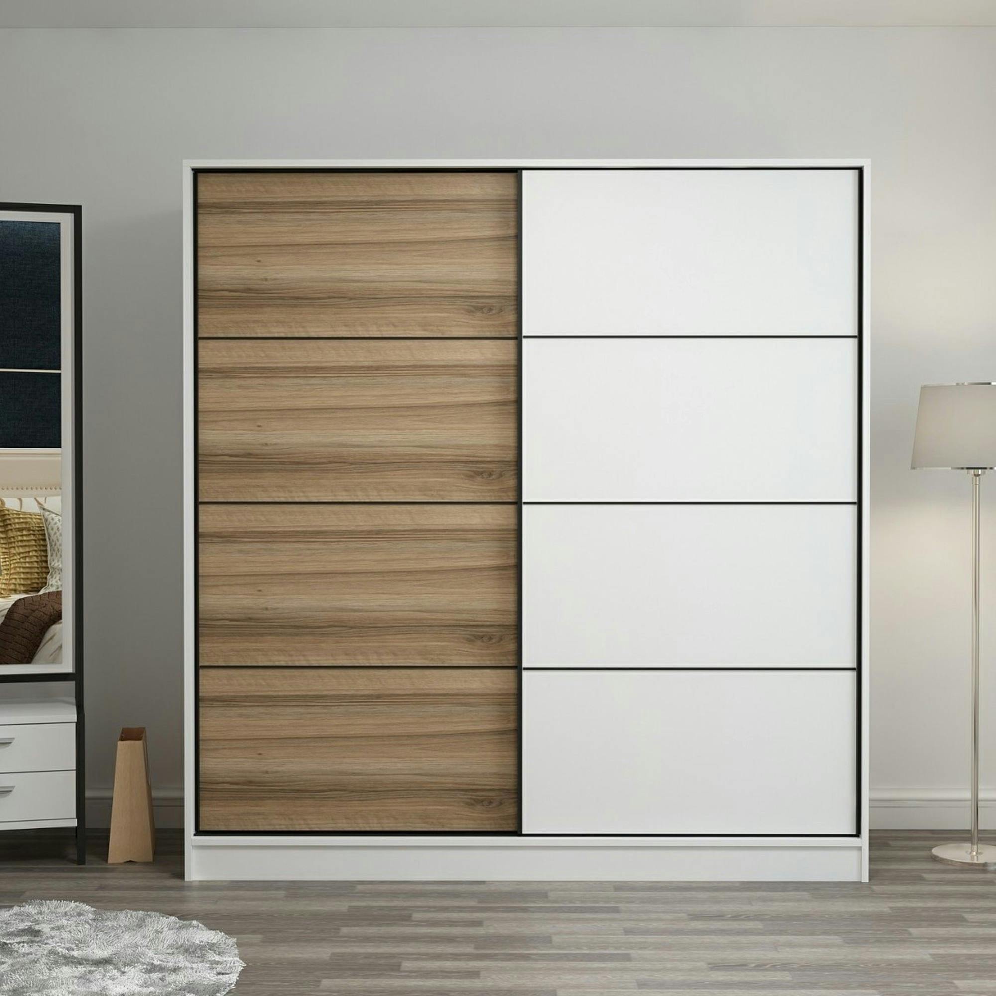 Armoire penderie à portes coulissantes, blanc & effet bois BYRON