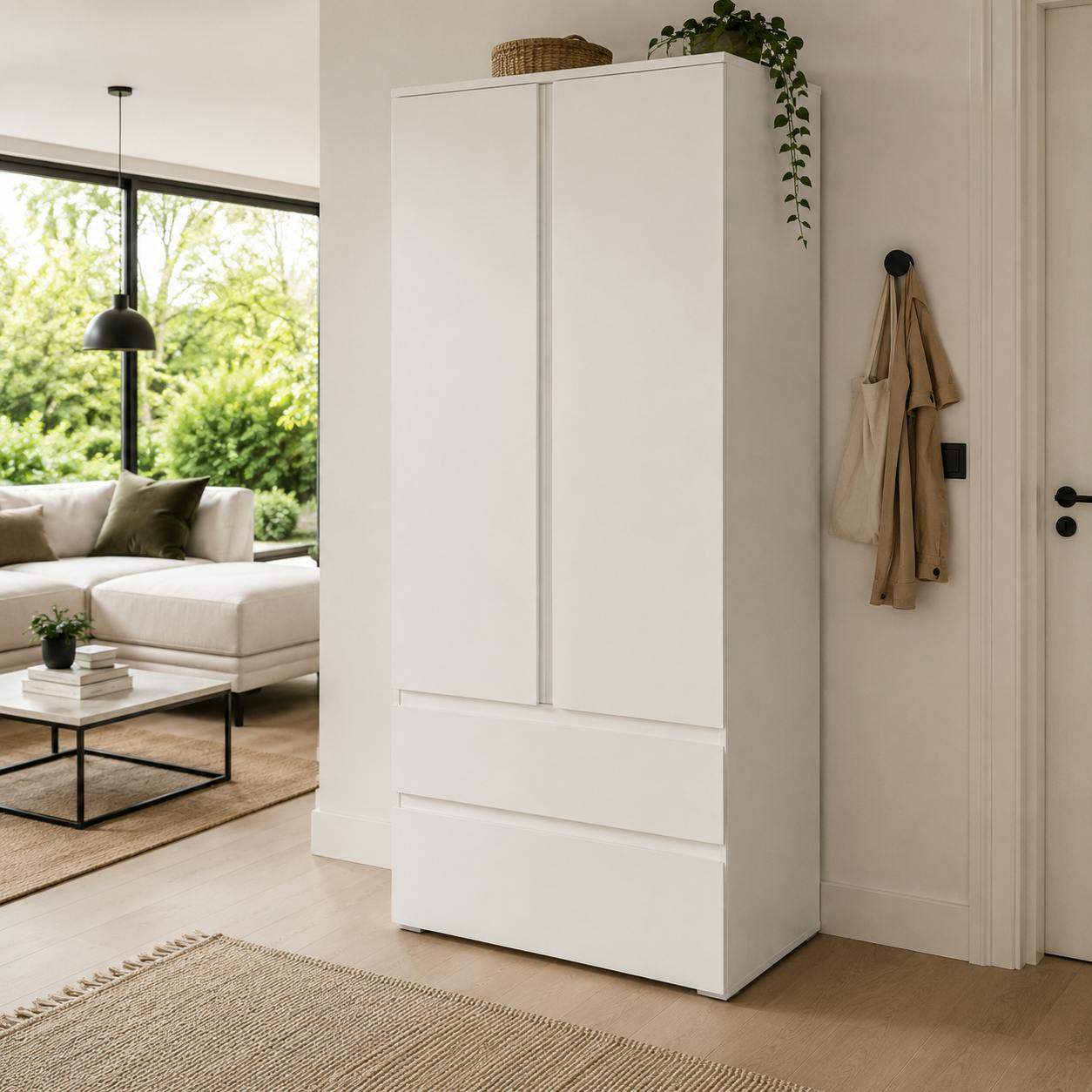 Armoire penderie blanche 2 portes 2 tiroirs ALVA