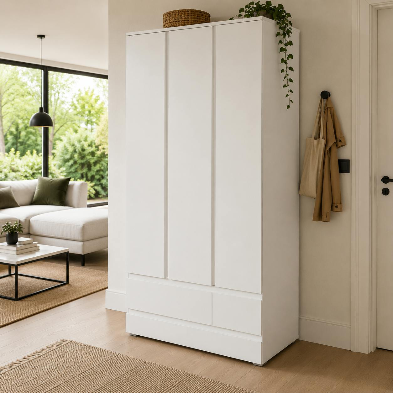 Armoire penderie blanche 3 portes 2 tiroirs ALVA