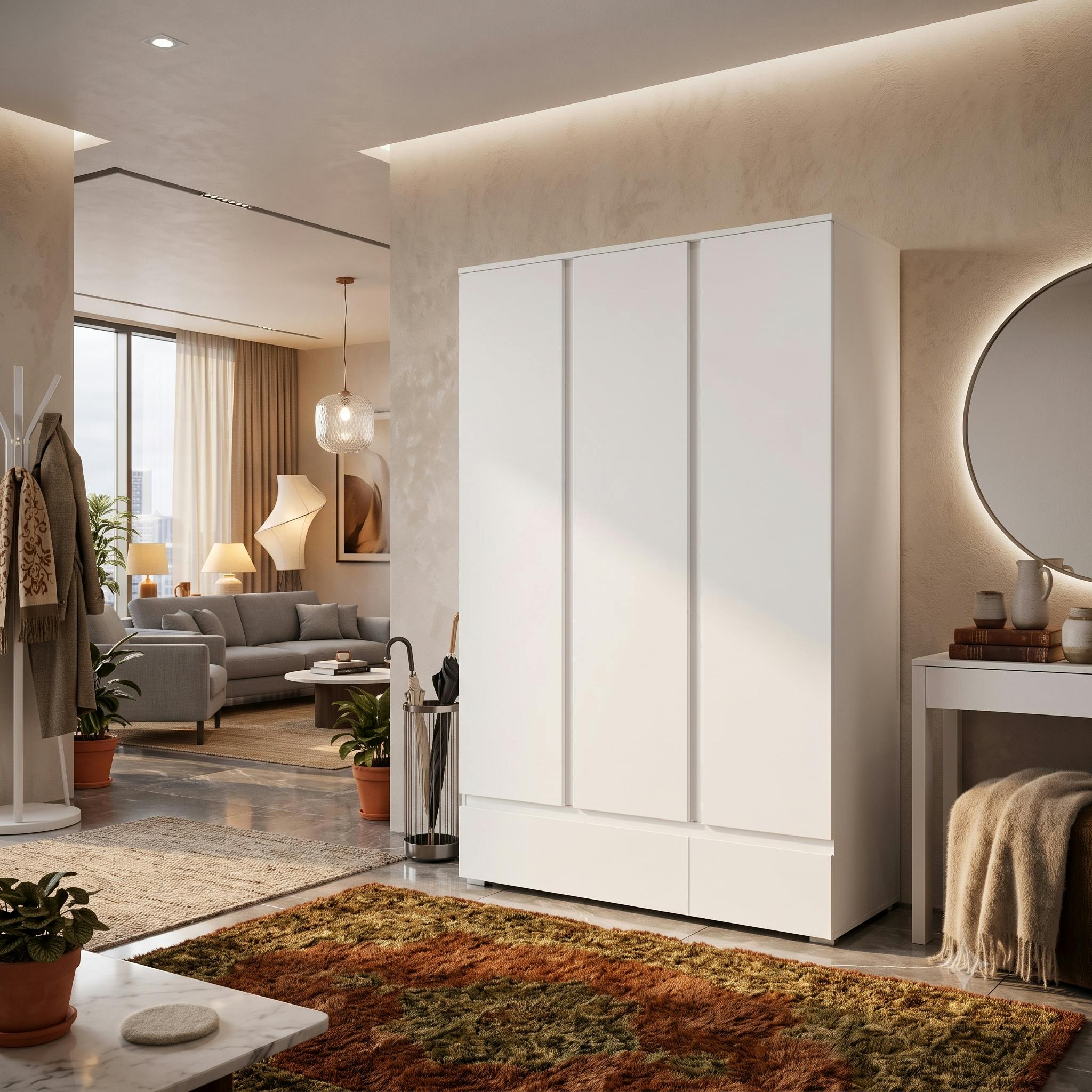 Armoire penderie blanche 3 portes 2 tiroirs ALVA