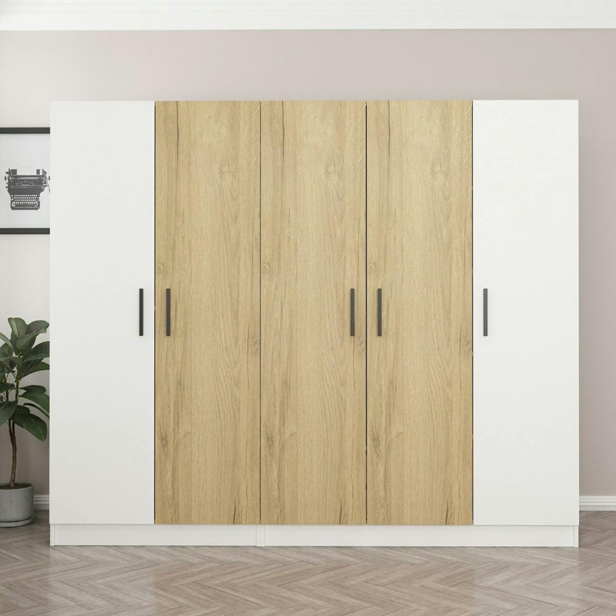 Armoire penderie blanche, 3 portes effet bois 3 portants BYRON