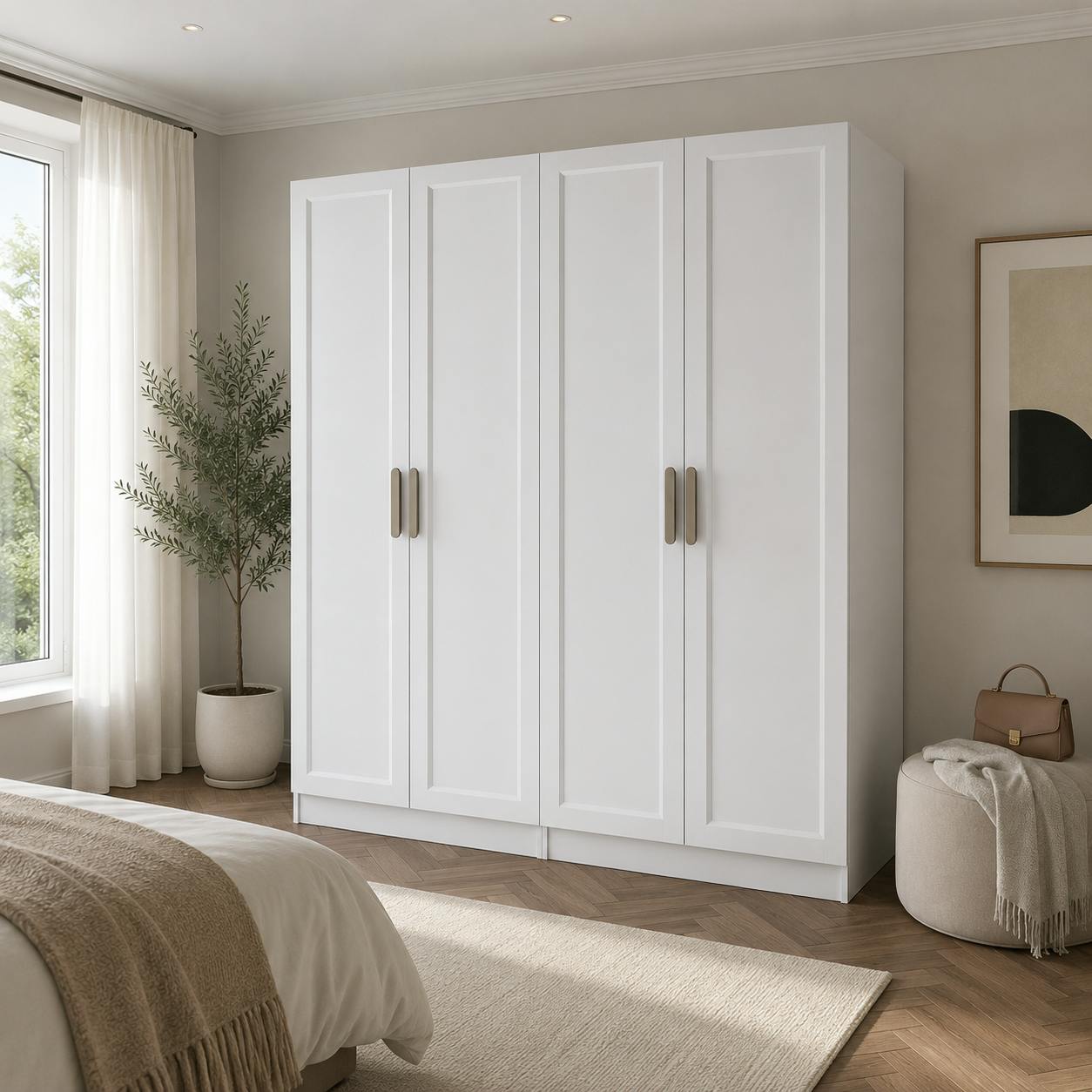 Armoire penderie blanche 4 portes 2 tringles BYRON