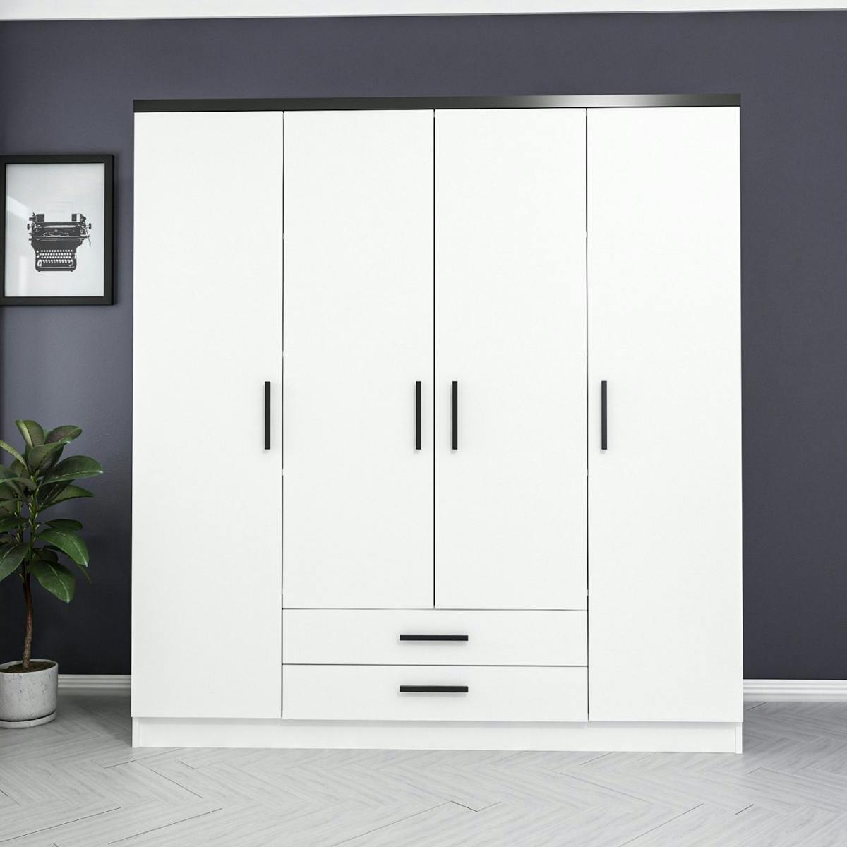 Armoire penderie blanche 4 portes poignées noires BYRON