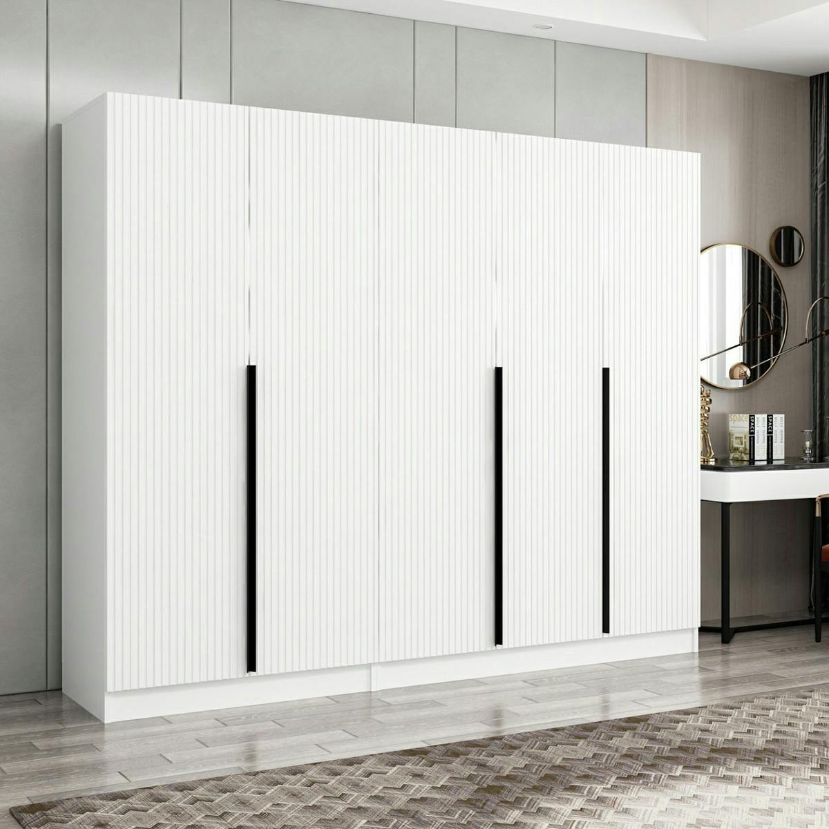 Armoire penderie blanche, 5 portes rainurées 3 portants BYRON