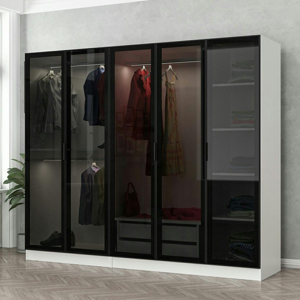 Armoire penderie blanche 5 portes verre 2 tiroirs BYRON