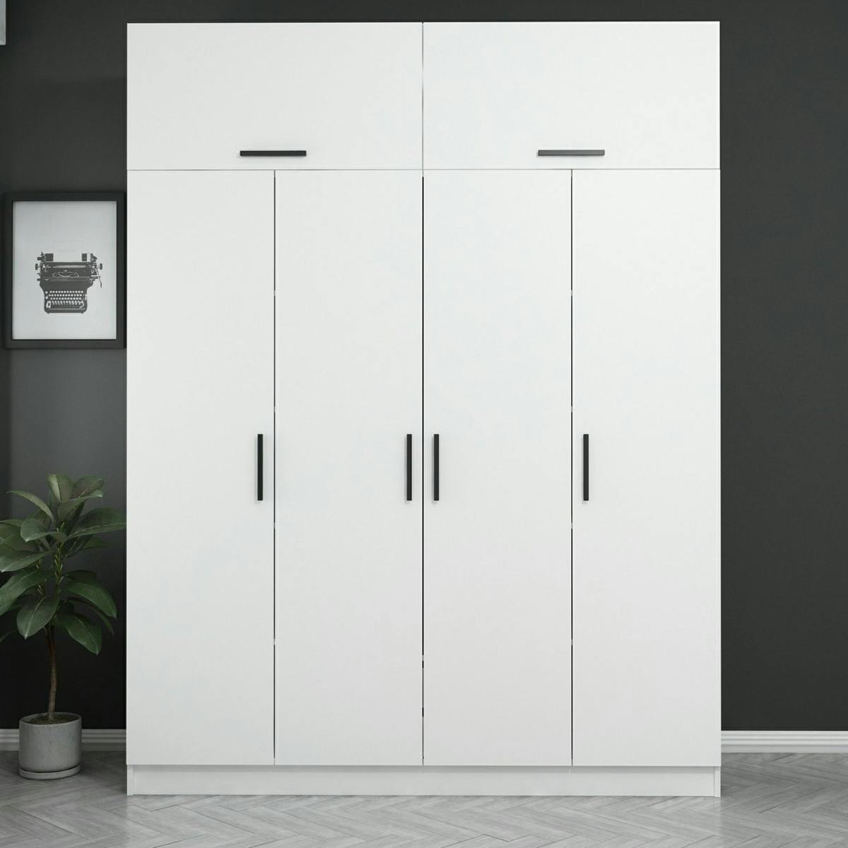 Armoire penderie blanche 6 portes, 1 portant 2 tiroirs BYRON