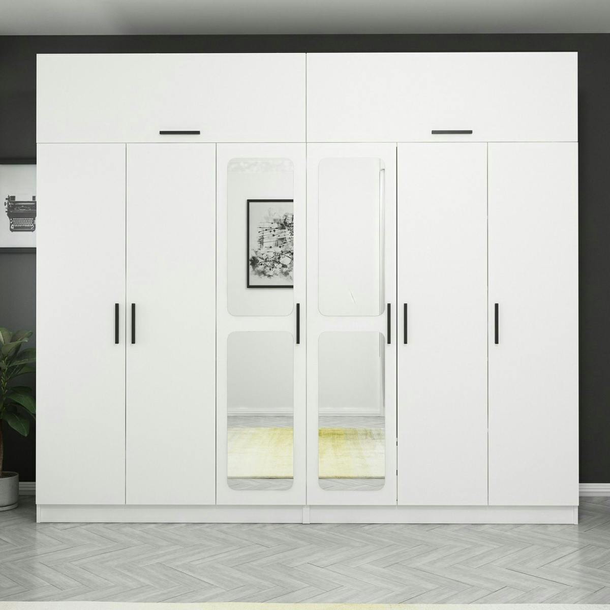 Armoire penderie blanche, 8 portes 4 miroirs BYRON