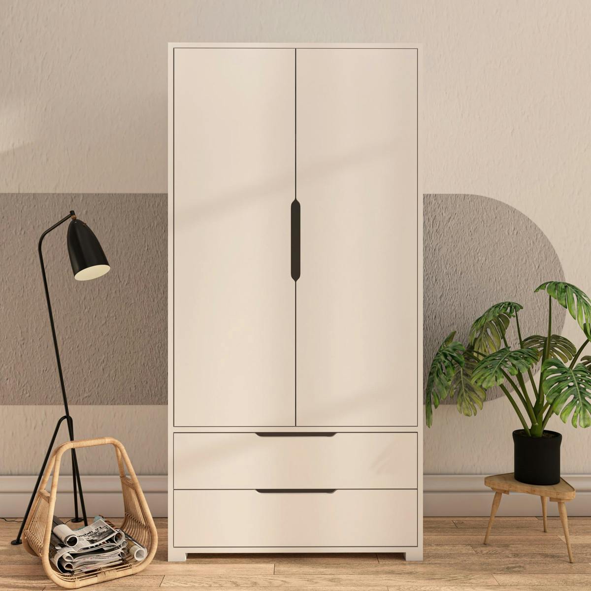 Armoire penderie blanche moderne, 2 portes 2 tiroirs BYRON