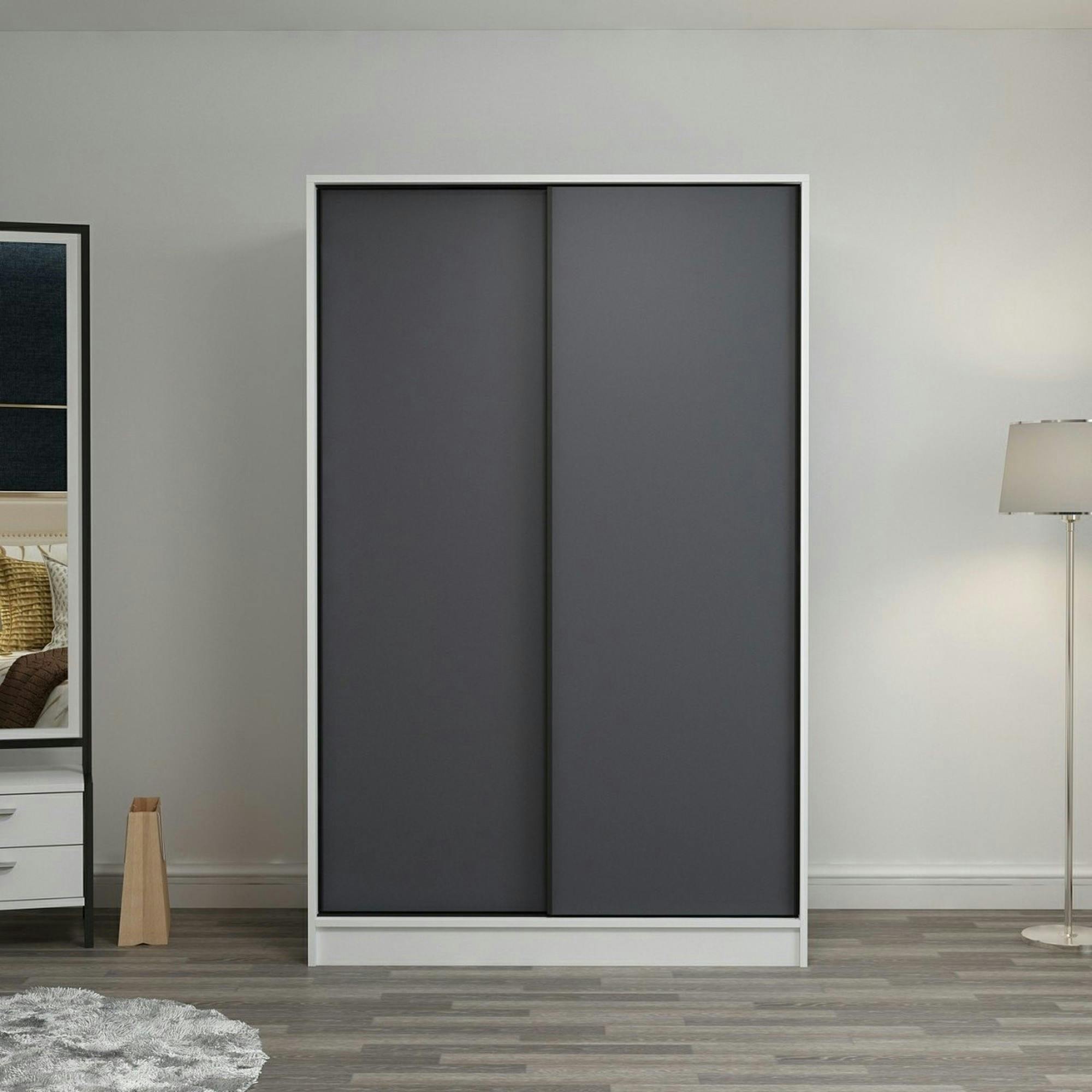Armoire penderie blanche - portes coulissantes grises BYRON