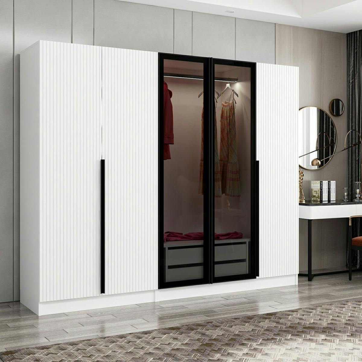Armoire penderie blanche rainurée, 2 portes verre 225 cm BYRON
