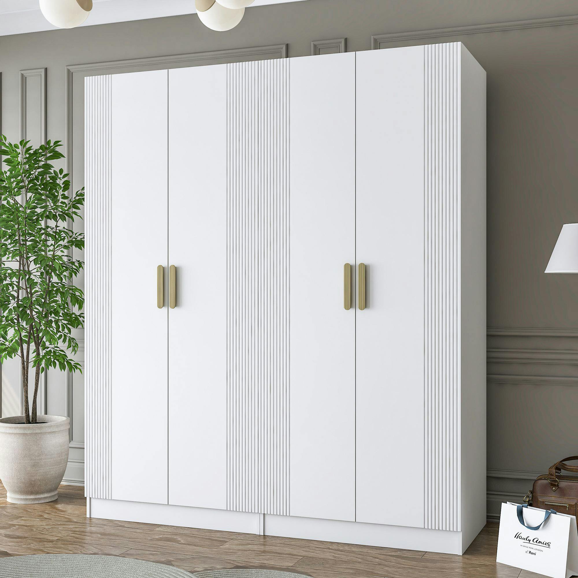Armoire penderie blanche rainurée 4 portes 2 tringles BYRON