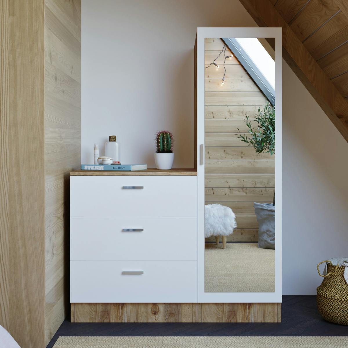 Armoire penderie compacte décor bois et blanc 1 miroir MARFA