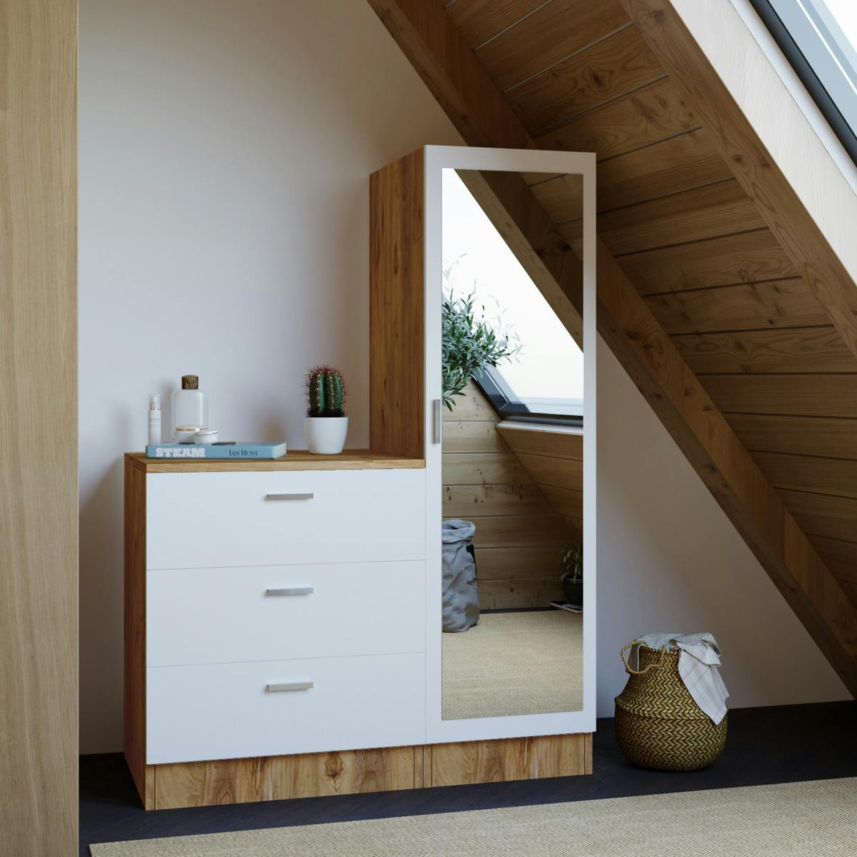 Armoire penderie compacte décor bois et blanc 1 miroir MARFA