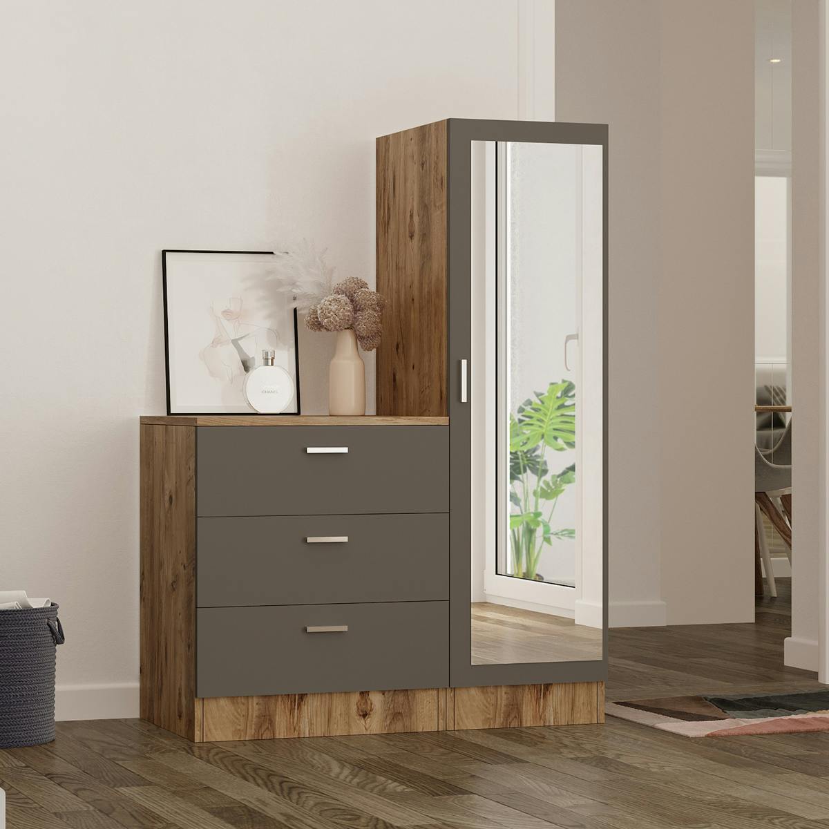 Armoire penderie compacte décor bois et gris 1 miroir MARFA