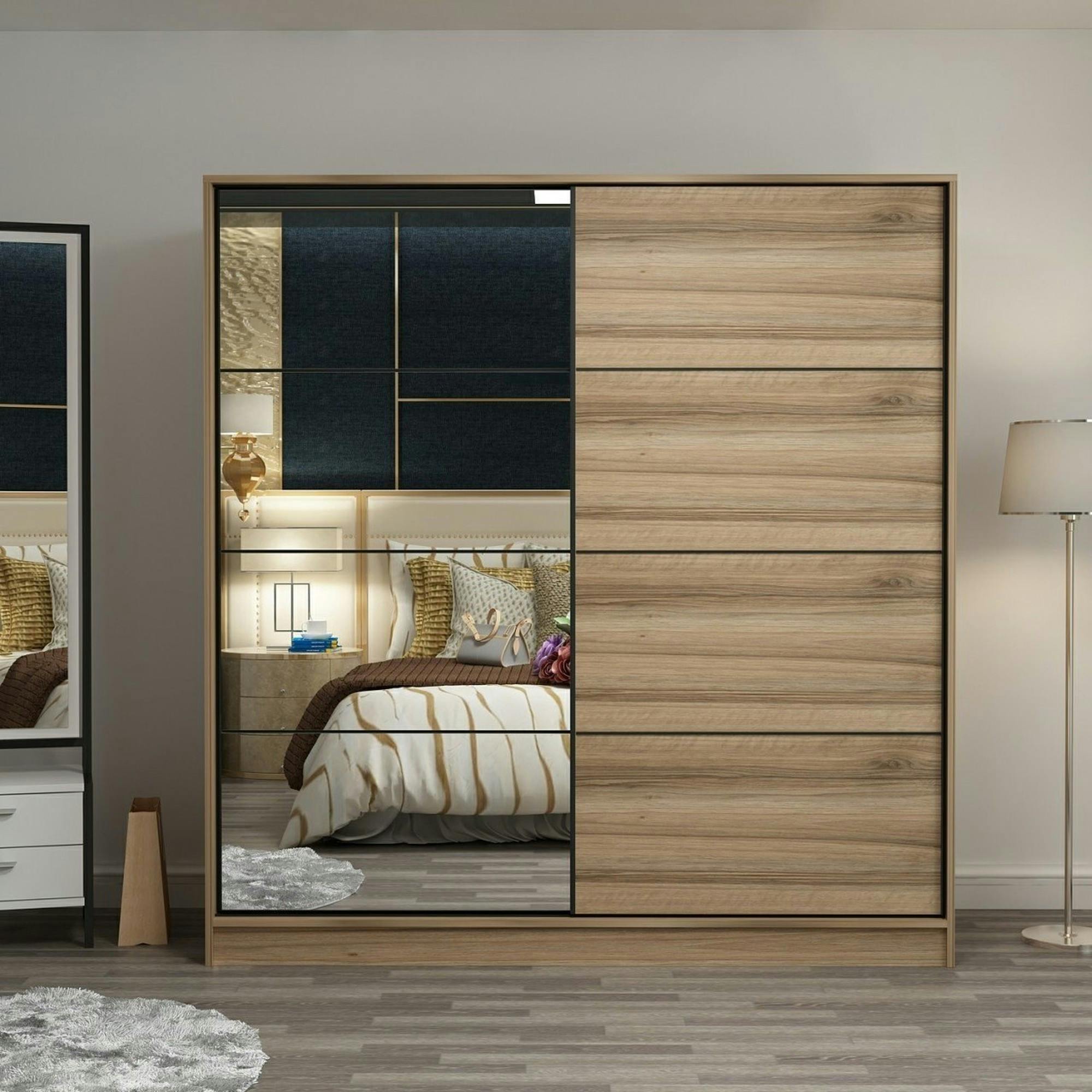 Armoire penderie coulissante effet bois et miroir BYRON