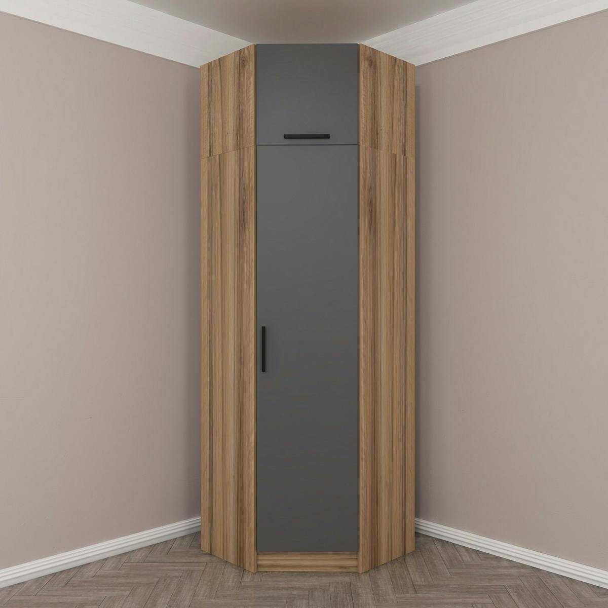 Armoire penderie d'angle 2 portes effet bois & gris BYRON