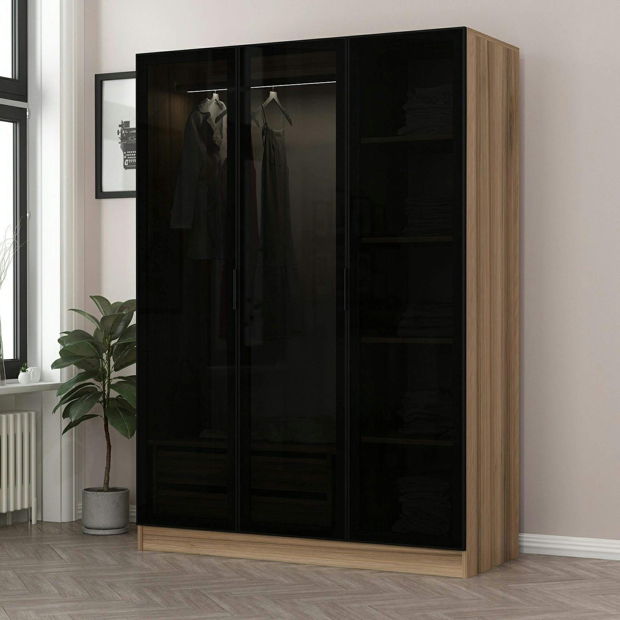 Armoire penderie design effet bois, 3 portes vitrées BYRON