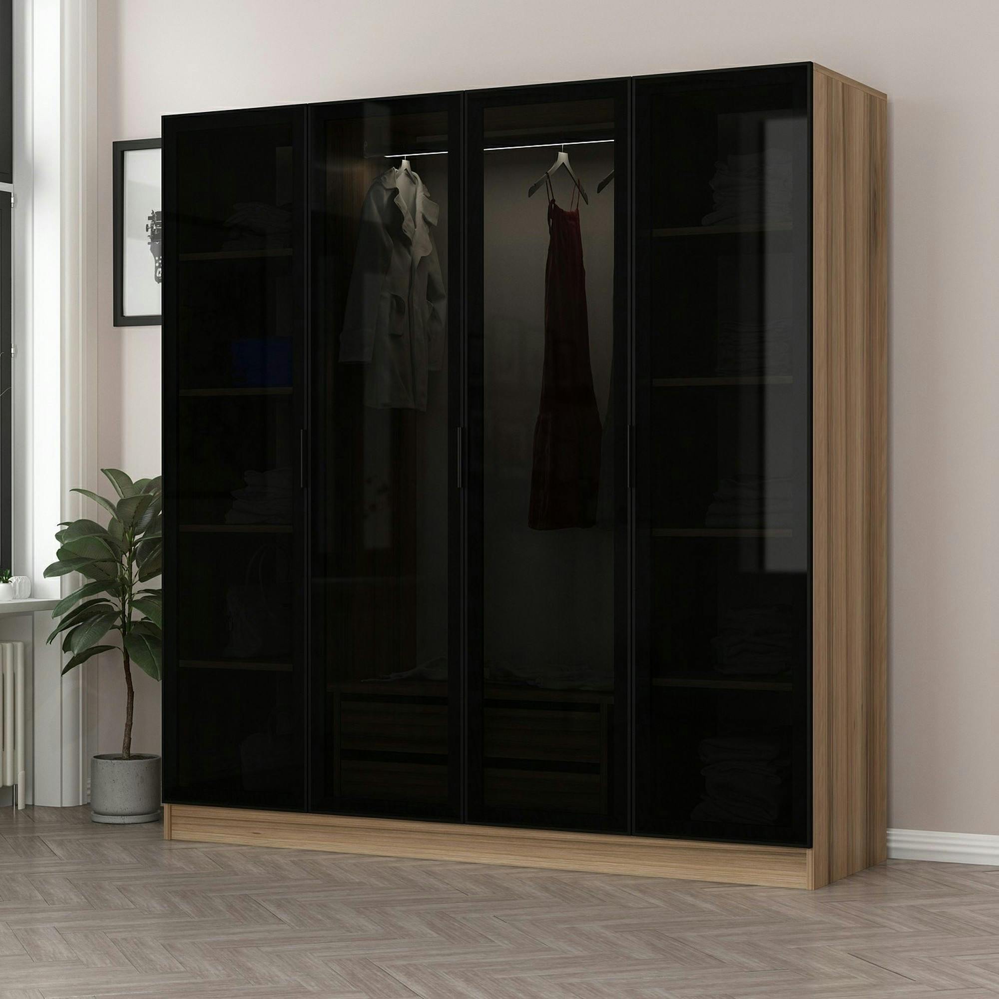 Armoire penderie design effet bois 4 portes verre H 210 cm BYRON
