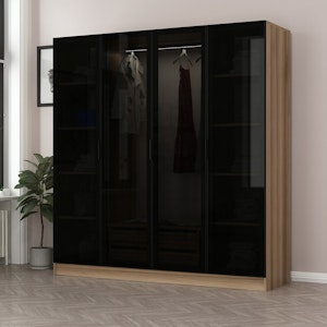 Armoire penderie design effet bois 4 portes verre H 210 cm BYRON