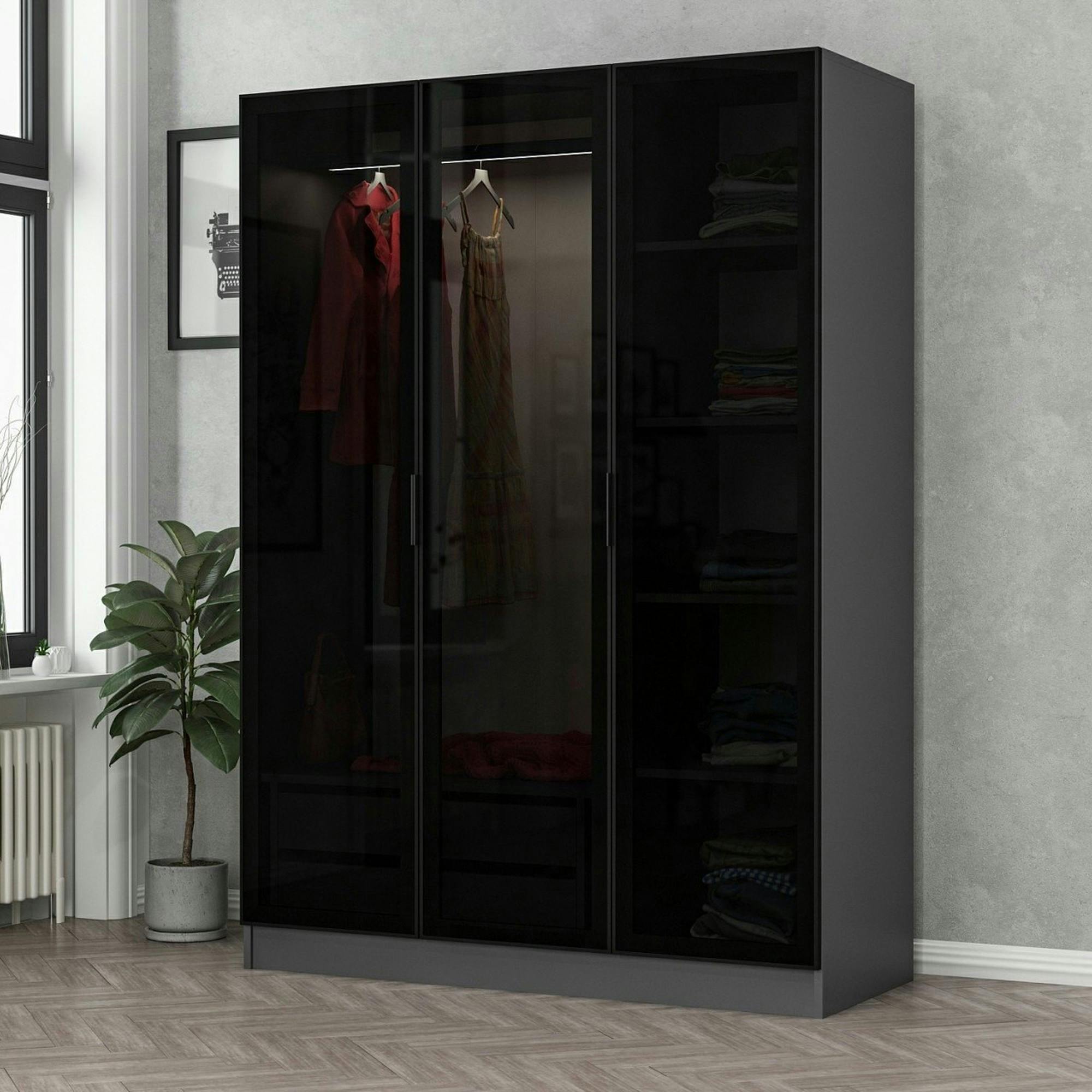 Armoire penderie design gris foncé, 3 portes vitrées BYRON