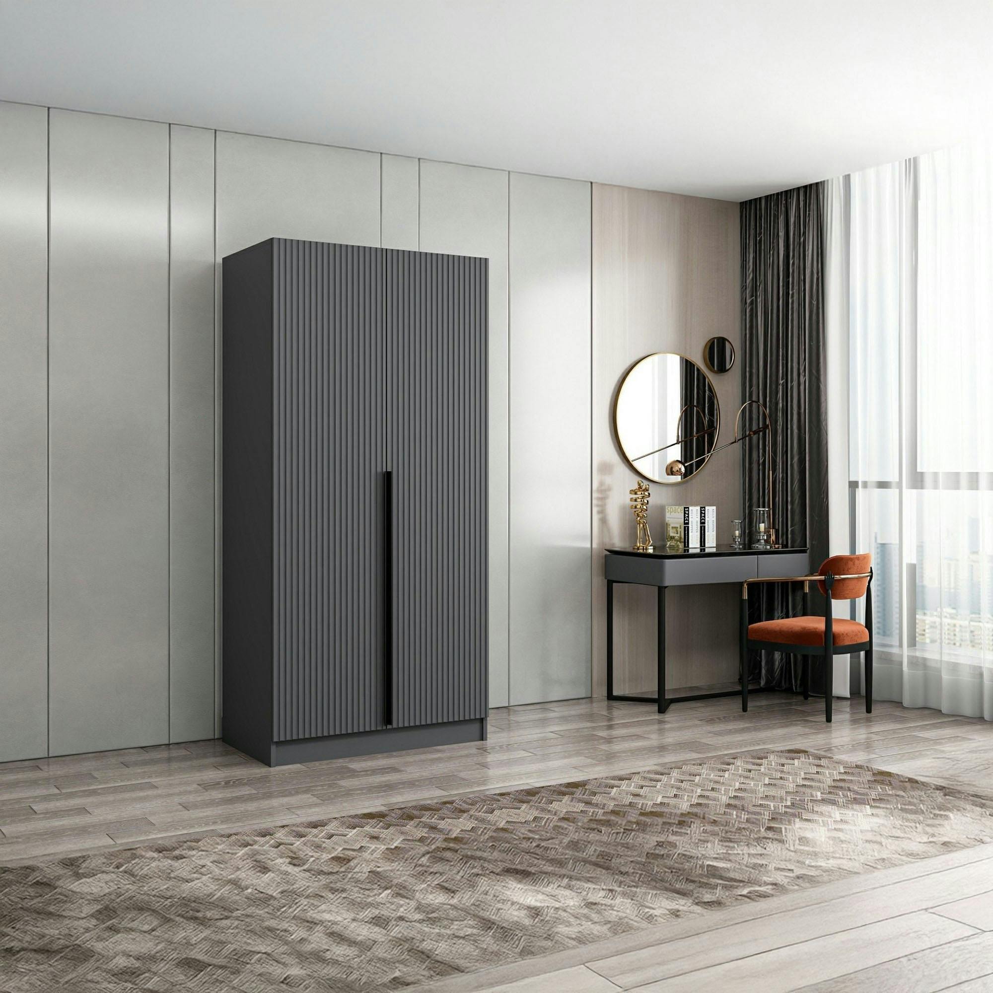 Armoire penderie design gris rainuré - 2 portes BYRON