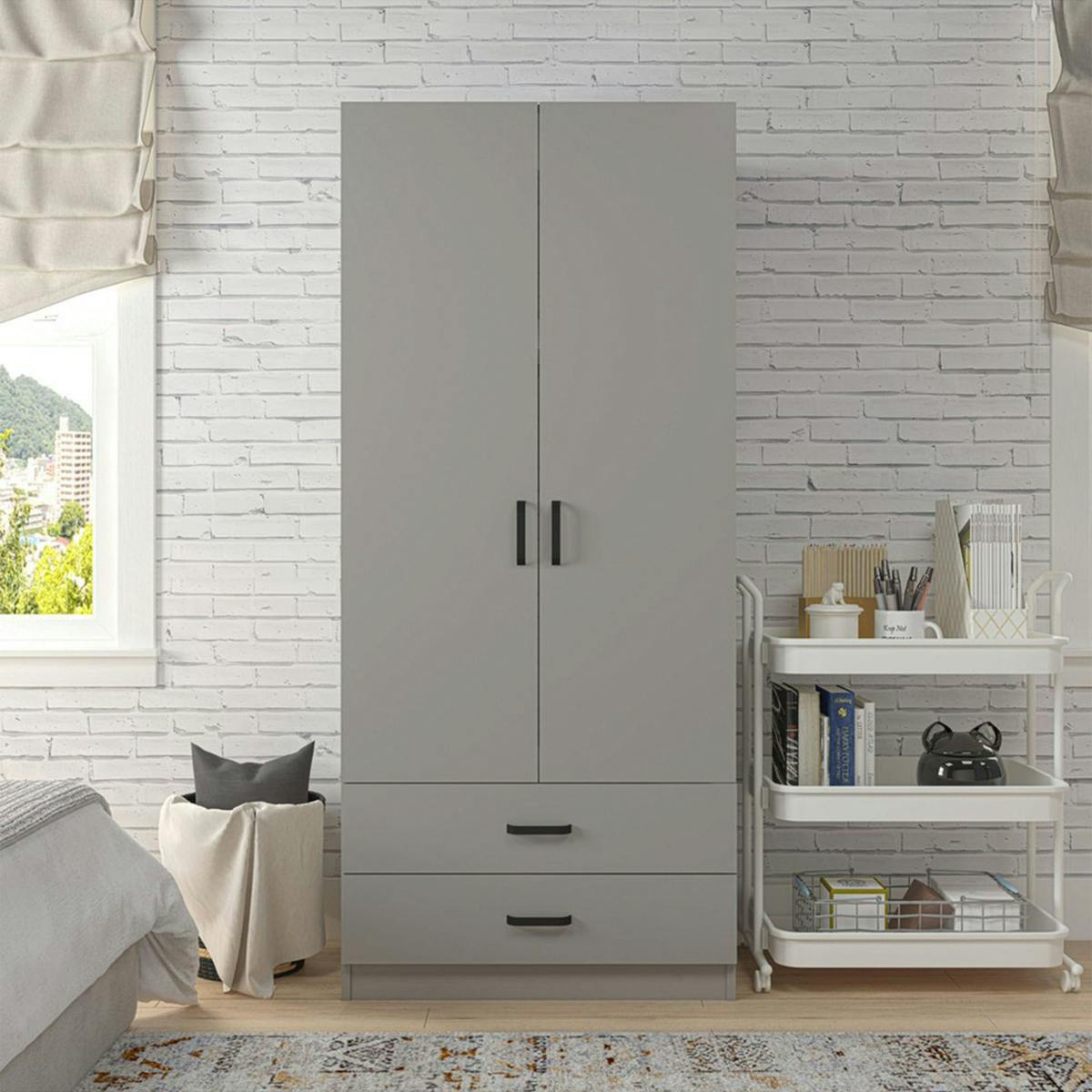 Armoire penderie grise 2 portes 2 tiroirs 80 cm BYRON