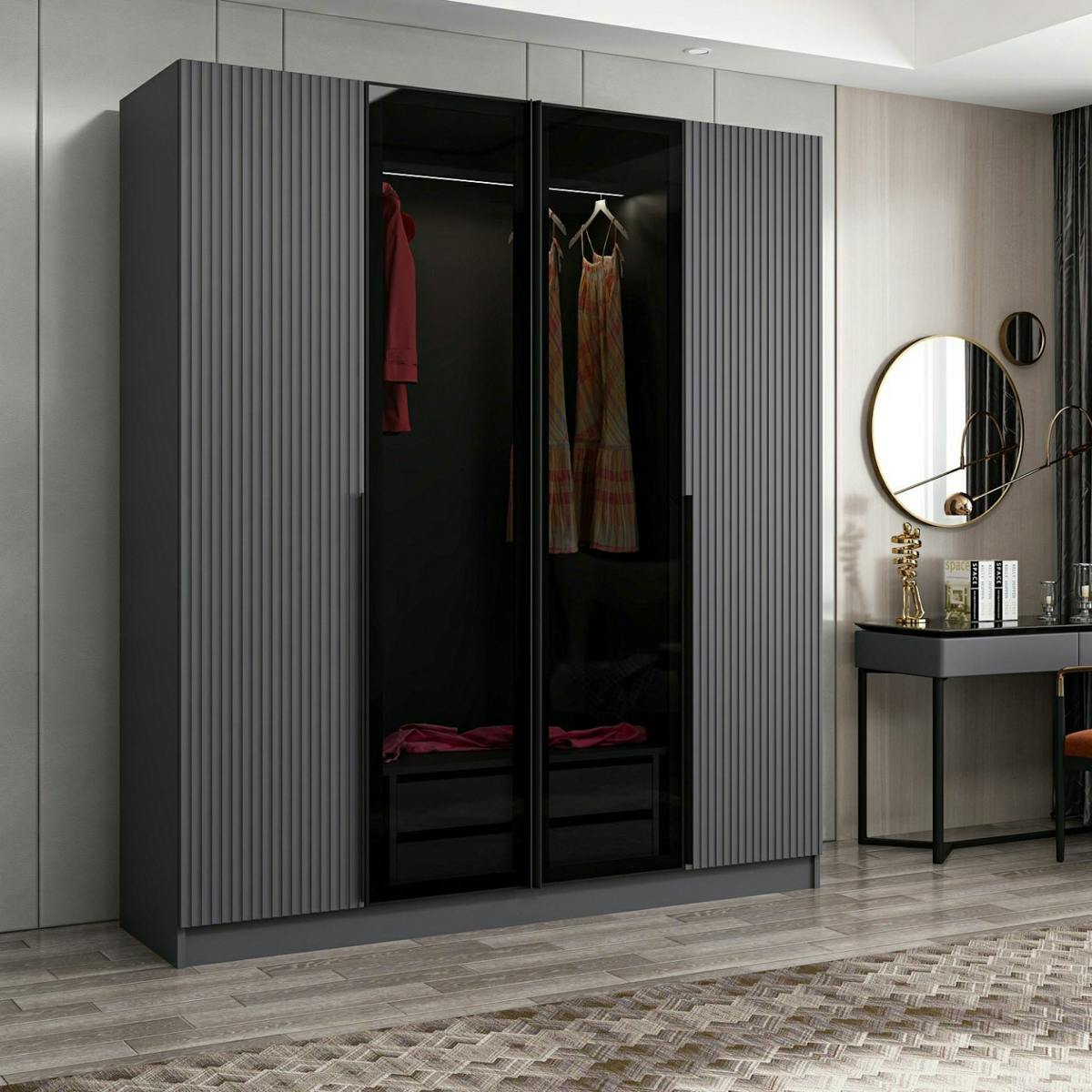 Armoire penderie grise 2 portes rainurées 2 vitrées BYRON