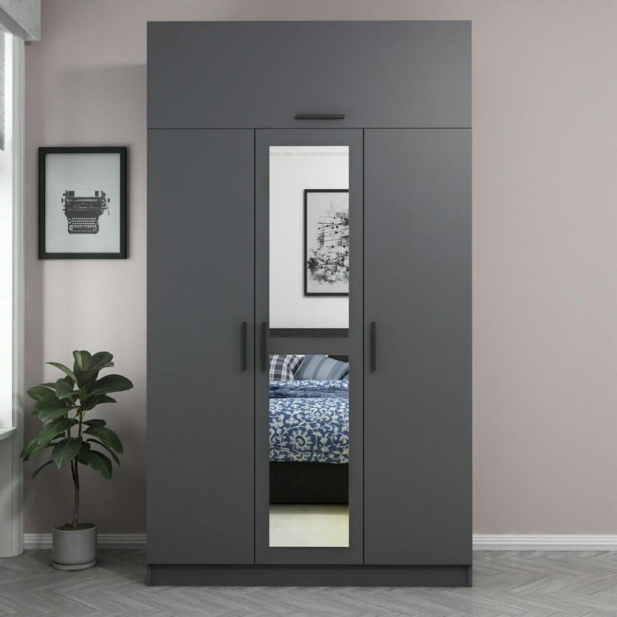 Armoire penderie grise 4 portes et 2 miroirs BYRON