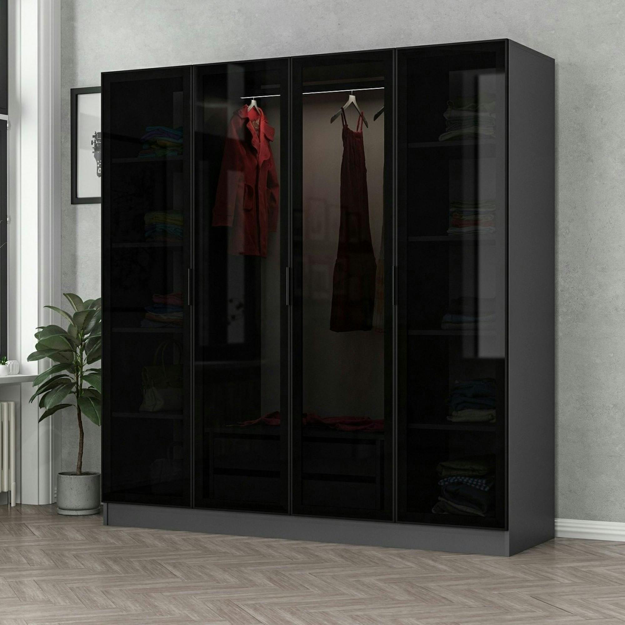Armoire penderie grise 4 portes verre H 210 cm BYRON