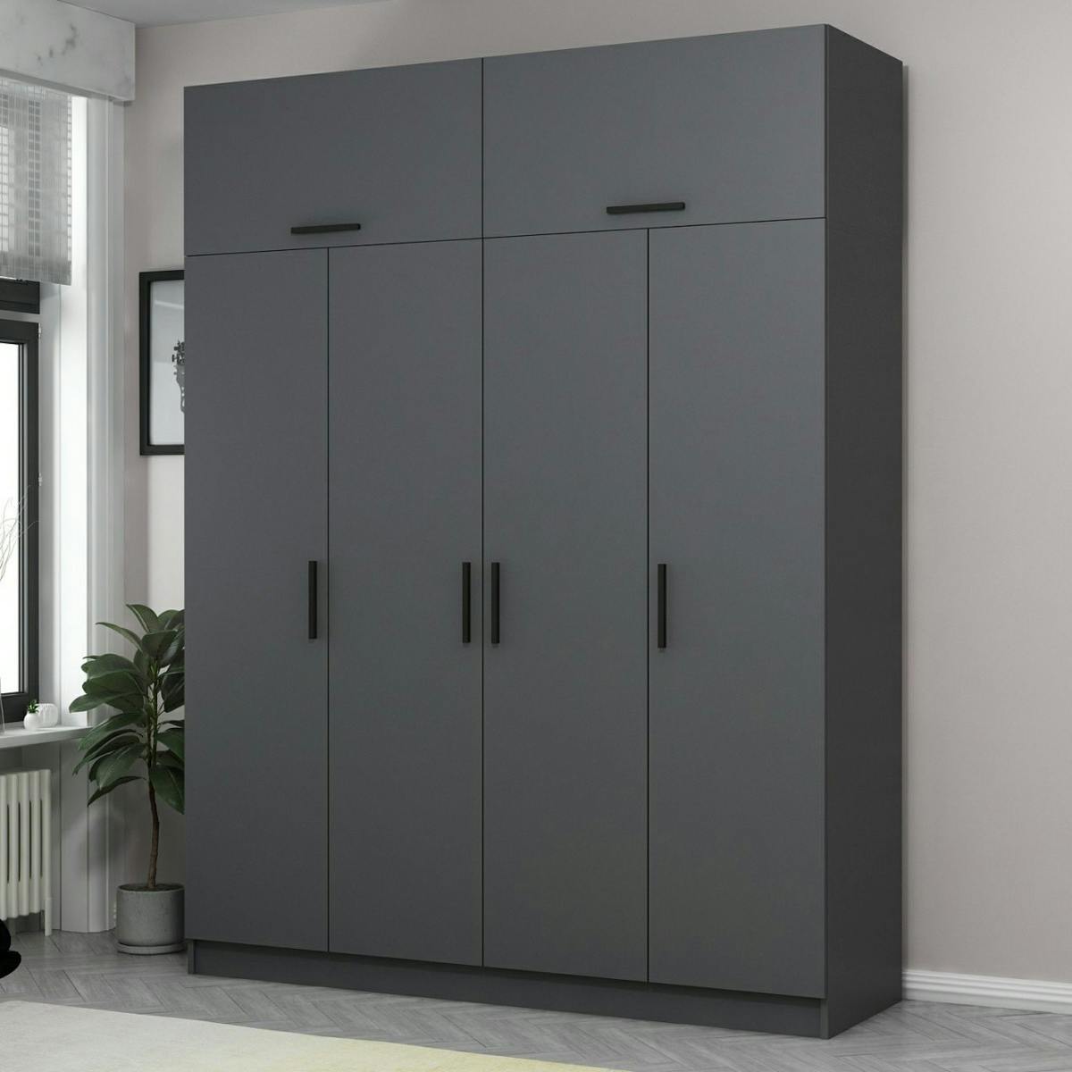 Armoire penderie grise 6 portes, 1 portant 2 tiroirs BYRON